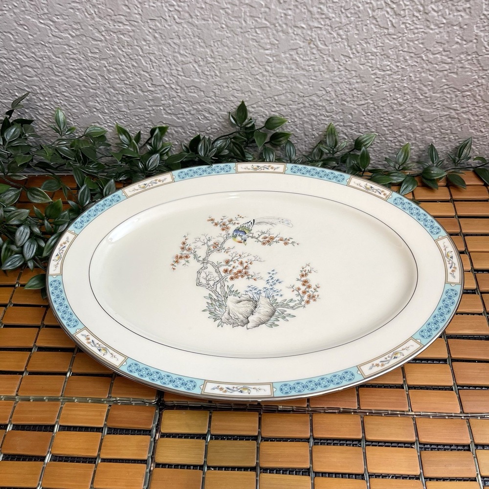 Vintage Lenox Plum Blossoms Oval Serving Platter Aqua Teal Silver Platinum 16"